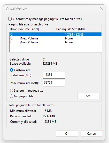 virtual memory settings