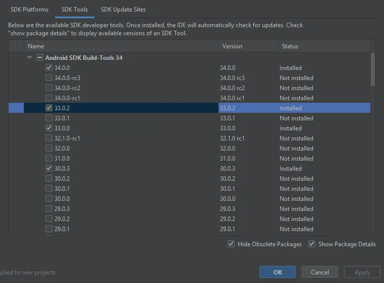 SDK manager’s build tools tab